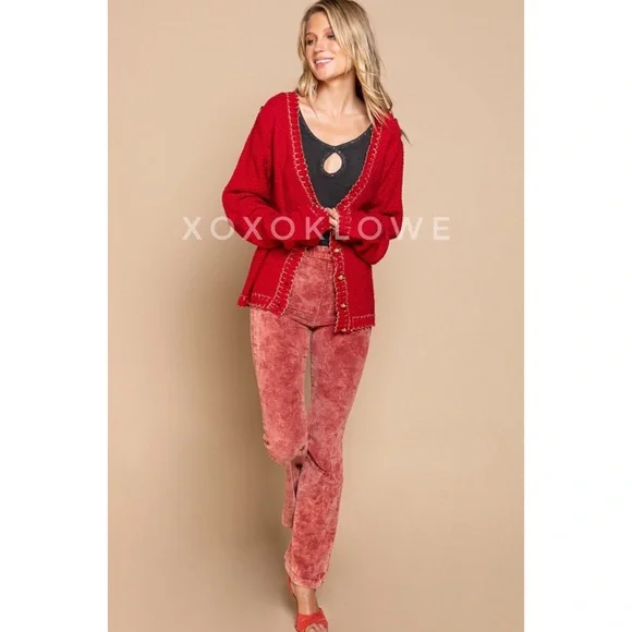 POL Red Button Front Cardigan with Sparkly Gold Trim - Picture 12 of 15